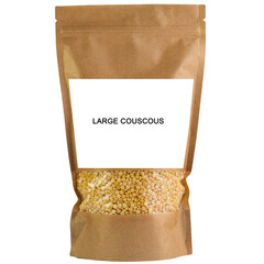 Large Couscous groats in a brown paper bag. Doy-pack with a plastic window for bulk products. Close-up. White background. Isolated.