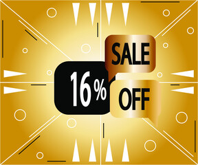 16 percent sale banner. Discount coupon for stores and products in golden color and black