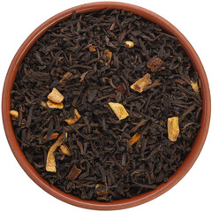 Puer orange tea in a brown ceramic bowl isolated on white background. Isolated close-up photo of...