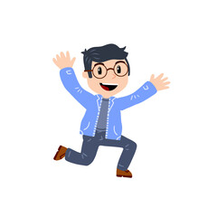 Little boy with glasses run. Happy smart child waves his hands. Cute Character in blue clothes. Flat cartoon