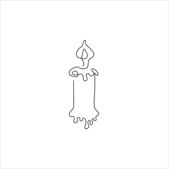 Burning wax candle continuous line drawing, tattoo, print for clothes and logo design, silhouette single line on a white background, isolated vector illustration.