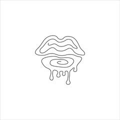 Lips and dripping lipstick, small tattoo, print for clothes and logo design, emblem or logo design, silhouette one single line, isolated abstract vector illustration.