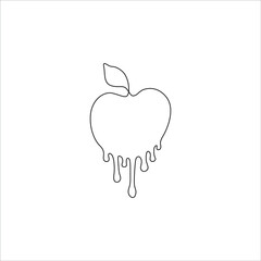 Dripping apple, continuous line drawing, tattoo, print for clothes and logo design, silhouette single line on a white background, isolated vector illustration.