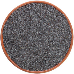 Poppy seeds in a brown ceramic bowl. Isolated close-up photo of food close up from above on white background.