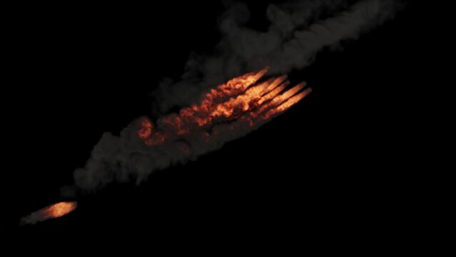 Jets of fire with smoke tails shoot up diagonally from the left corner of the black screen. Soaring rockets.
