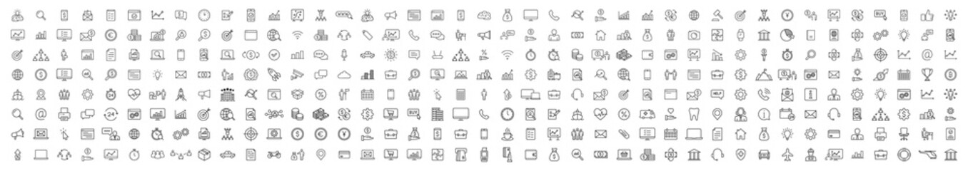 Set of 330 Business icons. Business and Finance web icons in line style. Money, bank, contact, infographic. Icon collection. Vector illustration.