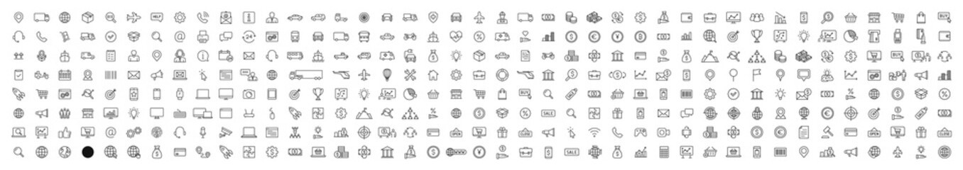 Fototapeta premium Set of 330 Delivery and logistics web icons in line style. Courier, shipping, express delivery, tracking order, support, business. Vector illustration.