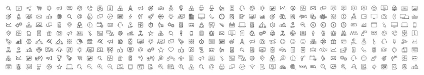 Set of 330 Social Media and Web icons in line style. Data analytics, Digital marketing, Management, Message, Phone. Vector illustration.