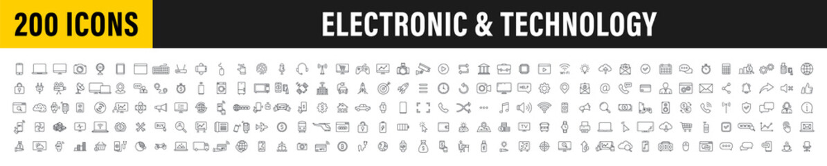 Set of 200 Technology and Electronics and Devices web icons in line style. Device, phone, laptop, communication, smartphone, ecommerce. Vector illustration.