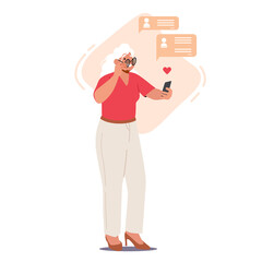 Grandmother Use Mobile Phone App. Elderly Woman Communicate in Social Networks with Friend on Love Site in Internet
