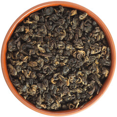 Red snail black tea in a brown ceramic bowl isolated on white background. Isolated close-up photo of food close up from above on white background.