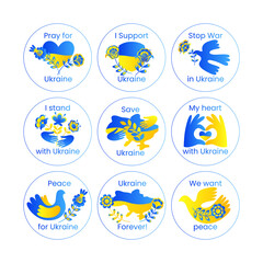 Icons on the theme of the war in Ukraine. Set of round vector icons with inscriptions about war and peace in the yellow and blue colors of the Ukrainian flag on a white background..