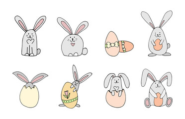 Set hand drawn easter rabbit with eggs. Color doodle vector illustration