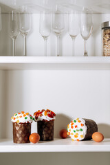 Ester food colorful eggs with ester bread cake on white background