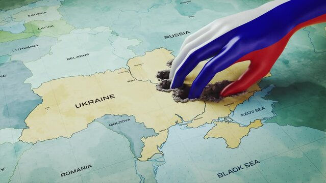 3D render concept of Russian occupation, a hand with a Russian flag texture takes away eastern Ukraine, taking away land then crumbles and collapses.