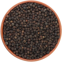 Black pepper in a brown ceramic bowl isolated on white background. Isolated close-up photo of food close up from above on white background.