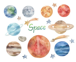 Watercolor planets of the Solar System.  Mercury, Venus, Earth, Mars, Jupiter, Saturn, Uran, Neptune, Sun. Hand drawn isolated illustration on white background. © natikka