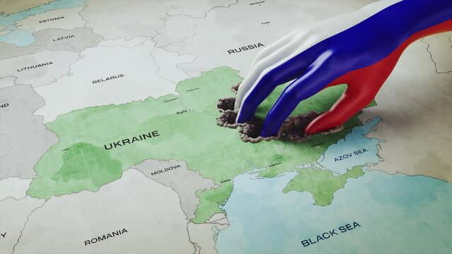 3D render concept of Russian occupation, a hand with a Russian flag texture takes away eastern Ukraine, taking away land then crumbles and collapses.