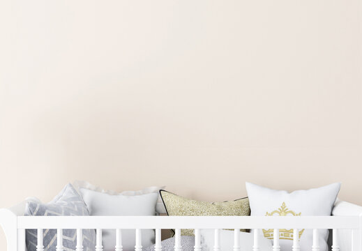 Wall mockup in child room interior. Nursery Interior in scandinavian style. 3d rendering, 3d illustration