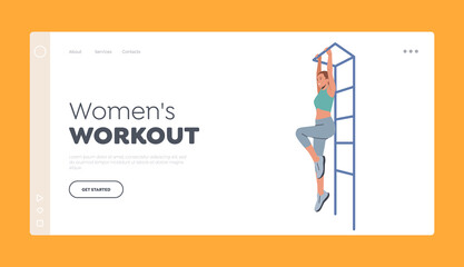 Woman Training and Workout Landing Page Template. Female Exercising Outdoors Pull Herself Up on the Horizontal Bar