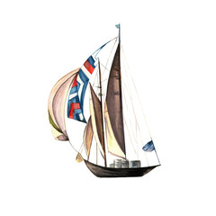 Yacht, sailing boat, ship.Nautical object isolated on white background. Hand drawn marine watercolor illustration.