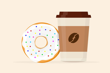 a cup of coffee in a paper cup with a lid and a donut