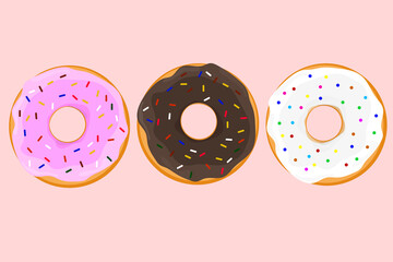 multi-colored donuts with icing and white pink chocolate sprinkles