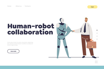 Human robot collaboration concept of landing page with businessman shake hand with robotics