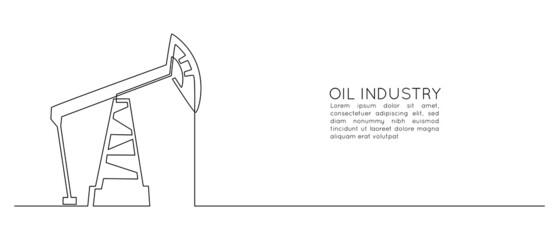 One continuous line drawing of oil pumpjack. Pump station petroleum production and trade industry in simple linear style. Energy crisis concept. Editable stroke. Doodle vector illustration