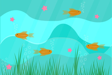 Naklejka na ściany i meble goldfish underwater and starfish with algae in sea ocean