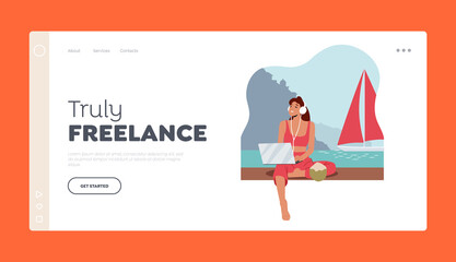 Freelance Landing Page Template. Young Woman Freelancer Wear Headphones Work on Laptop at Sea Beach Sitting on Bench