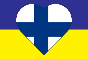 Heart painted in the colors of the flag of Finland on the flag of Ukraine. Illustration of a heart with the national symbol of Finland on a blue-yellow background.