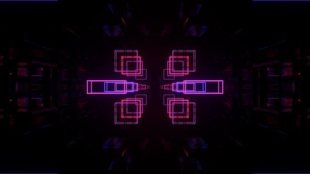 Glow sci fi symmetrical construction. Vj loop trendy neon tunnel. hi tech neon tunel. Sci-fi flight through cyberspace with symmetry. Video game or vj night club background with neon light.