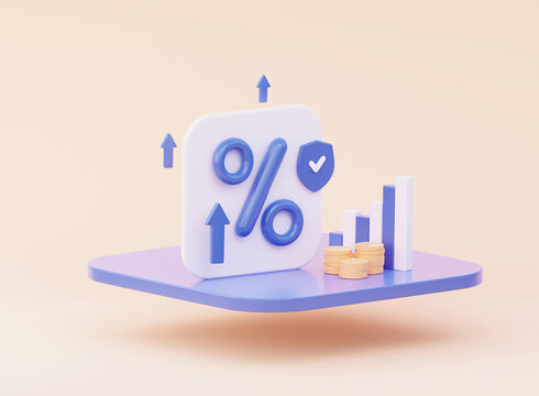 A percentage icon with a growth chart and stacks of coins. The concept of protecting the security of a service or stock market. 3d rendering illustration