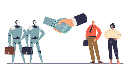 People work with robots. Human and robotic collaboration with handshake of businessman and ai cyber