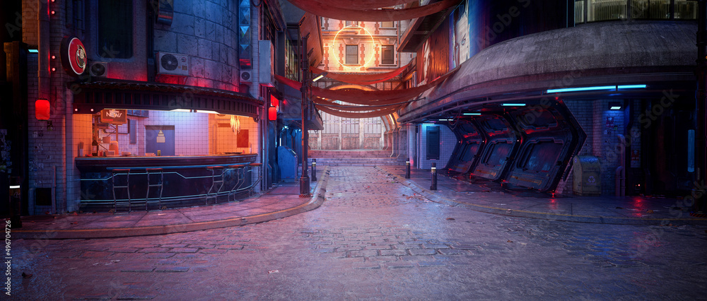 Poster cinematic panorama 3d rendering of a dark moody cyberpunk city street with fast food bar on the corn