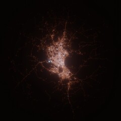 Sana'a (Yemen) street lights map. Satellite view on modern city at night. Imitation of aerial view on roads network. 3d render