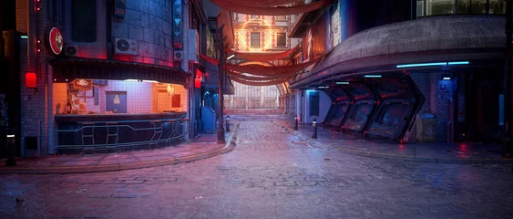 Zelfklevend Fotobehang Filmische panorama 3D-weergave van een donkere humeurige cyberpunk-stadsstraat met fastfoodbar op de hoek. © IG Digital Arts