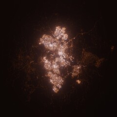 Canberra (Australia) street lights map. Satellite view on modern city at night. Imitation of aerial view on roads network from space. 3d render with glow effect