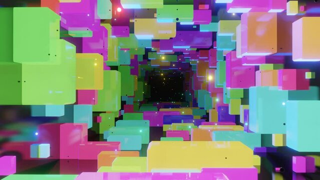 4k seamless looped animation. Fly through tunnel with light cubes or boxes, glow blocks form sci fi environment. Simple background, sci fi structure. Subsurface multicolored glow cubes form tunnel