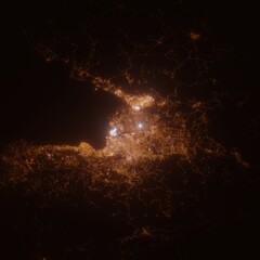 Port Au Prince (Haiti) street lights map. Satellite view on modern city at night. Imitation of aerial view on roads network from space. 3d render with glow effect
