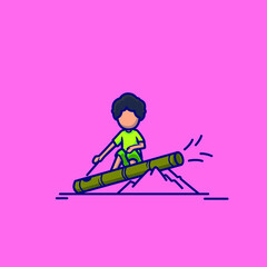 Fototapeta na wymiar boy playing bamboo cannon