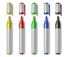 Colorful marker pens set realistic. Children and artist pencils 3d isolated cliparts pack