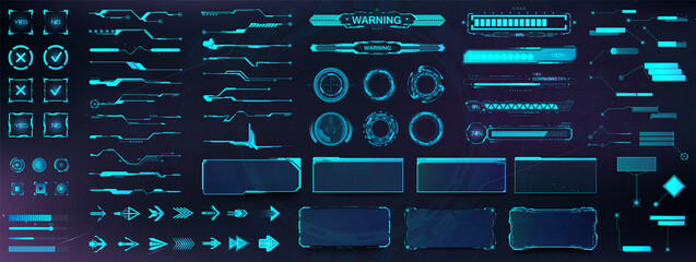 HUD - futuristic user interface elements for GUI, UI, UX, KIT. Futuristic user interface graphic box for UI game. Digital lines, Arrows, Callouts titles, Circle HUD, frames, panels, bar labels. Vector - obrazy, fototapety, plakaty