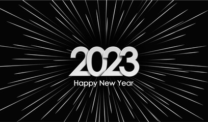 Obraz premium Happy New Year 2023 white fireworks on a black background, volumetric figures