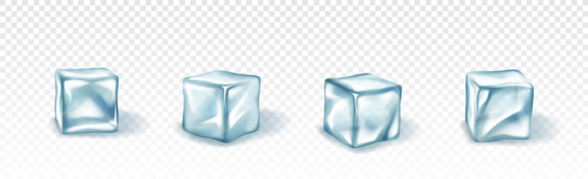 Blue ice cubes set. Cold frozen fresh water in square shape. Realistic block pieces for cocktail