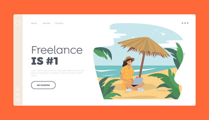 Freelance Landing Page Template. Young Businesswoman Freelancer Character Sit on Beach under Umbrella Work on Laptop