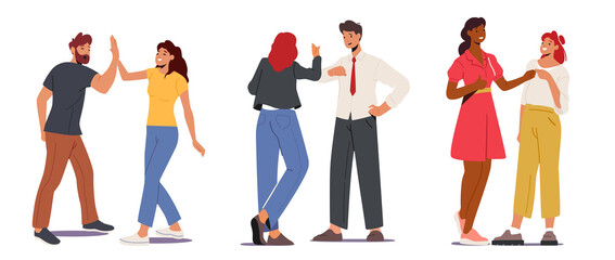Set Informal Greetings, Happy People Giving High Five Isolated on White Background. Cheerful Friends and Colleagues Meet © Anna Syvak