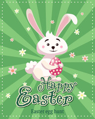 Happy Easter poster retro. Greeting card with rabbit, bunny, egg. Vector illustration vintage
