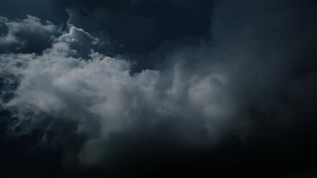 Lot of lightning during a thunderstorm. Storm clouds are moving fast on the viewer, 4k